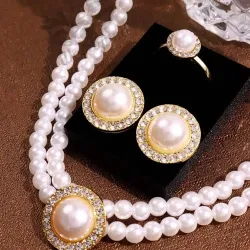 Women Elegant Pearl Double Layers Necklace Set